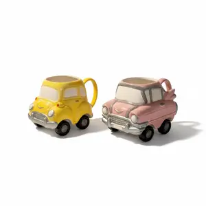 Vintage Mid-Century Car Mug Set – Yellow & Pink Novelty Automobile Cups