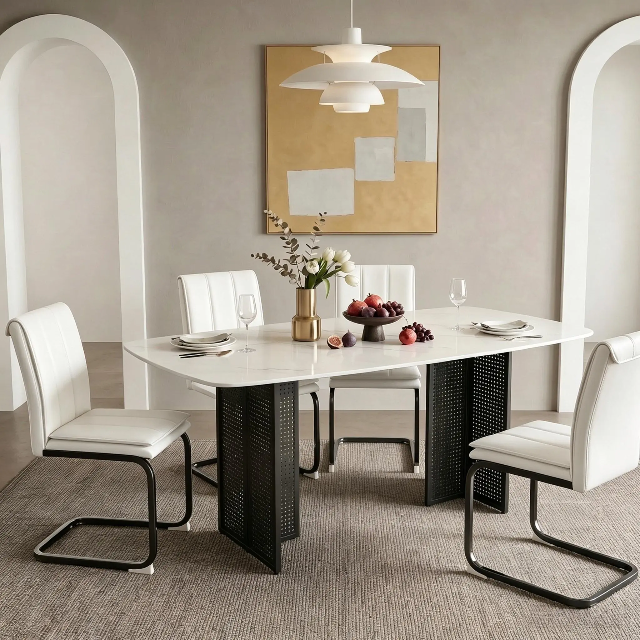 Modern 5-Piece Dining Table Set - Tempered Glass Marble Top, 4 PU Chairs, Sturdy Metal Legs, Easy-Clean, Space-Saving for Kitchen, Office (Black/White)