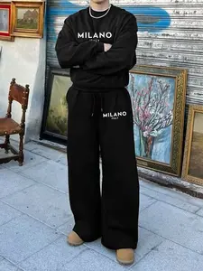 Milano Letter Print Sportswear Set, Round Neck Sweatshirt & Straight Leg Pants, Casual Loose Fit Streetwear for Fall & Winter