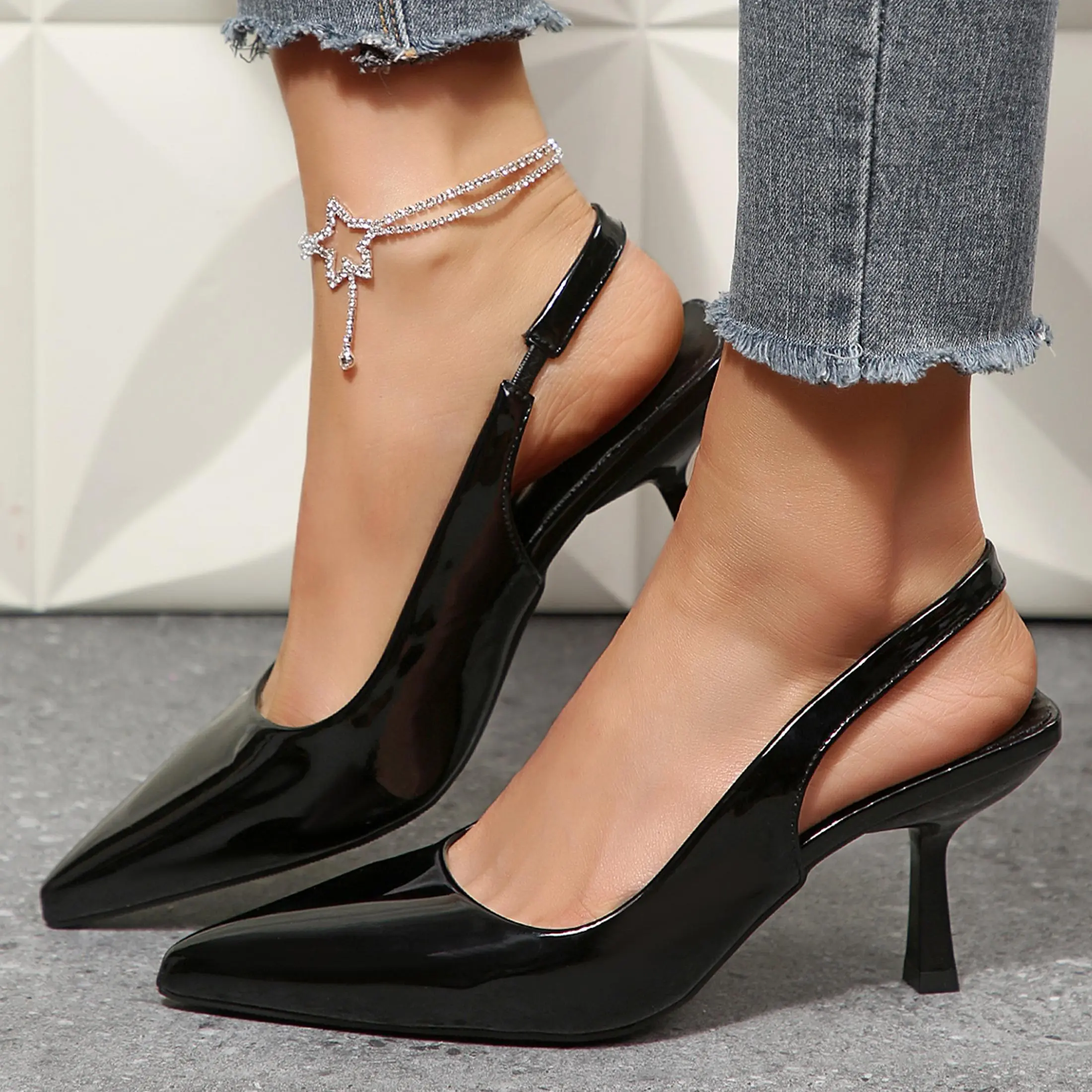 Slingback Heels for Women Patent Leather Stiletto Heel Pumps Pointed Toe Slip On Dress Shoes
