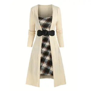 Plus Size Plaid Patchwork Printed Textured Square Neck 2-in-1 A-Line Dress, Casual Long-Sleeve Dress for Autumn and Winter, Women’s Clothing for Everyday Wear, Womenswear
