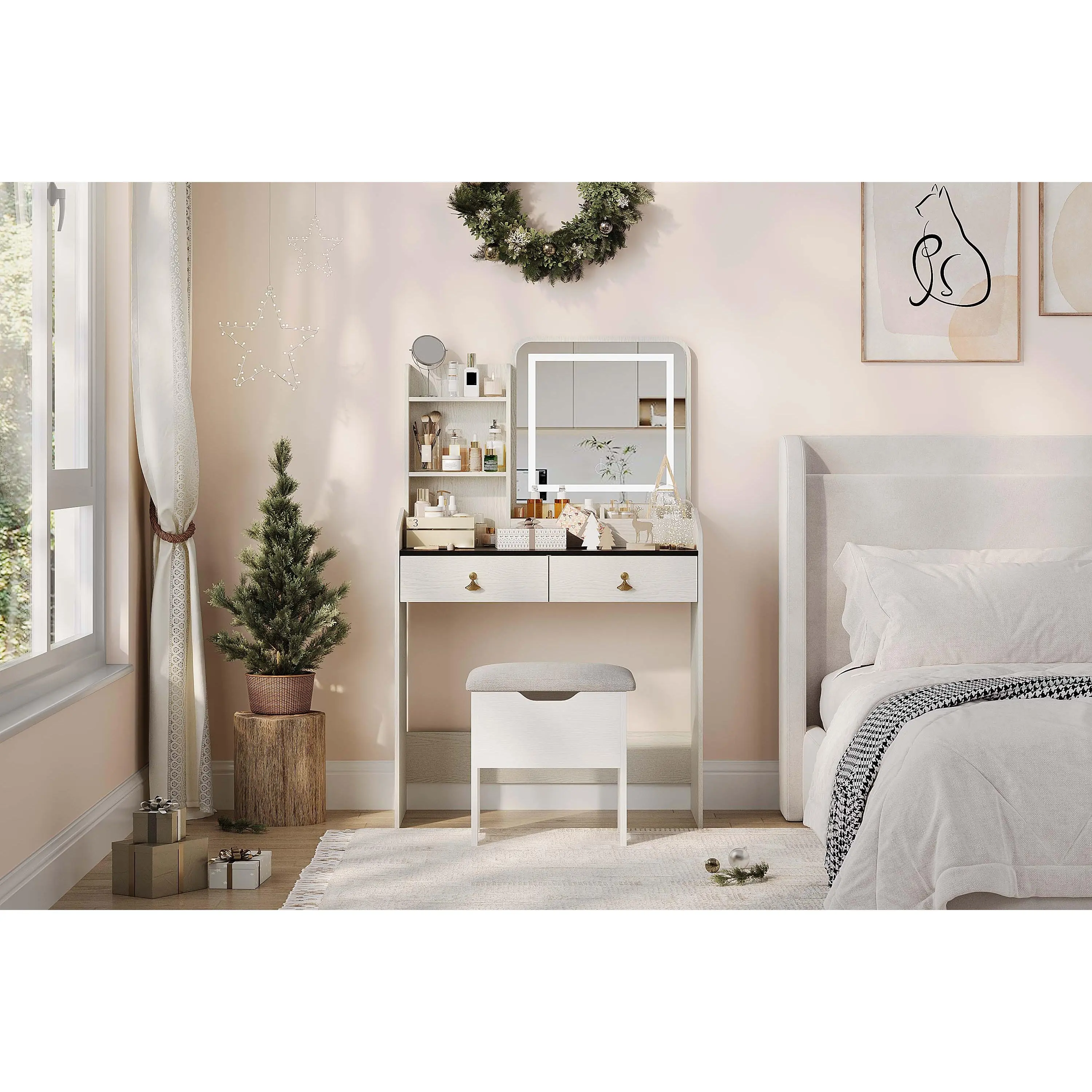 Makeup Vanity Desk with Storage Stool, MDF, Cream White with Stone Gray Desktop or Black Wood Grain Desktop, 1 Box, Vanity Desk with LED Lighted Mirror and Charging Station – Storage Stool, 4 Open Shelves, 2 Drawers, Cream White with Grey or Black Desktop
