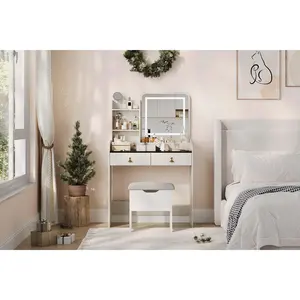 Makeup Vanity Desk with Storage Stool, MDF, Cream White with Stone Gray Desktop or Black Wood Grain Desktop, 1 Box, Vanity Desk with LED Lighted Mirror and Charging Station – Storage Stool, 4 Open Shelves, 2 Drawers, Cream White with Grey or Black Desktop
