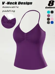 Women's Halter Sports Vest, Detachable Padded Bra, V-Neck Backless Outerwear, High Elastic Fabric, Fashion Workout Top, Yoga Long Vest