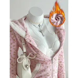 Women's Zip Up Fleece Hoodies Leopard Hooded Sweatshirts Fitted Jacket Fall Clothes