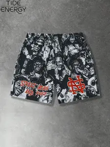 Men's Oversized Hip-Hop Patchwork Shorts, Street Style Rap Graphic Pattern Casual Pants, Summer Fashion with 'street Born & Free' Slogan