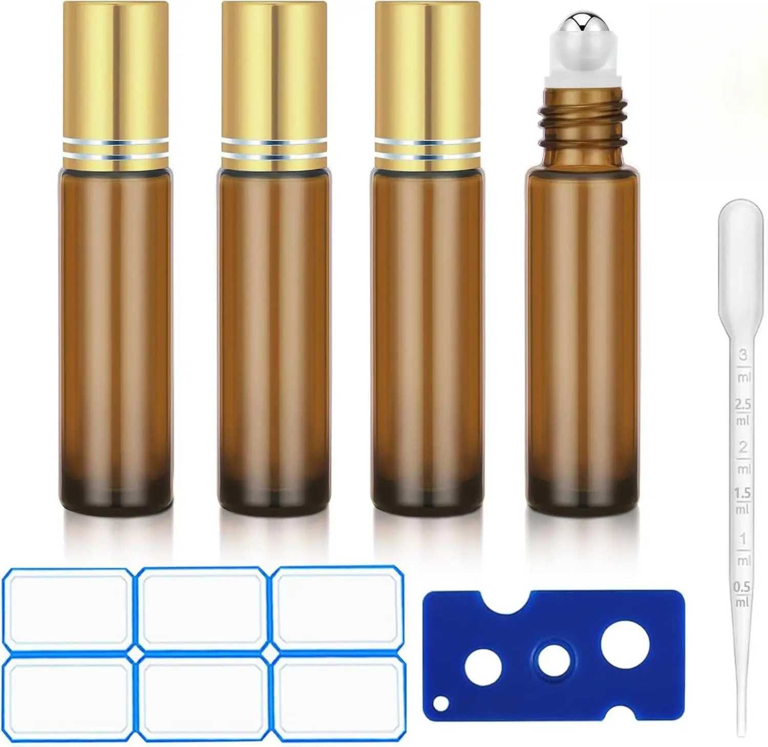 Roll-On Bottles 4-Pack, 10ml Reusable Amber Glass Vials with Stainless Steel Roller Balls - Leakproof & Refillable for Perfume Oil, Lightweight, Compact