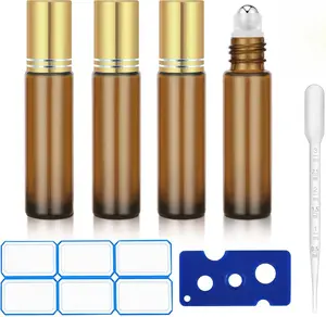 4 Pack of 0.34 Oz (10ml) Essential Oil Roller Bottles - Refillable, Leak-proof Amber Glass Roll-on Bottles with Stainless Steel Roller Balls, Metal Caps, and Labels Included