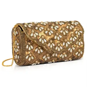 La Marey Bead Work in Dupion Silk Sling Bag with Shoulder Chain Strap