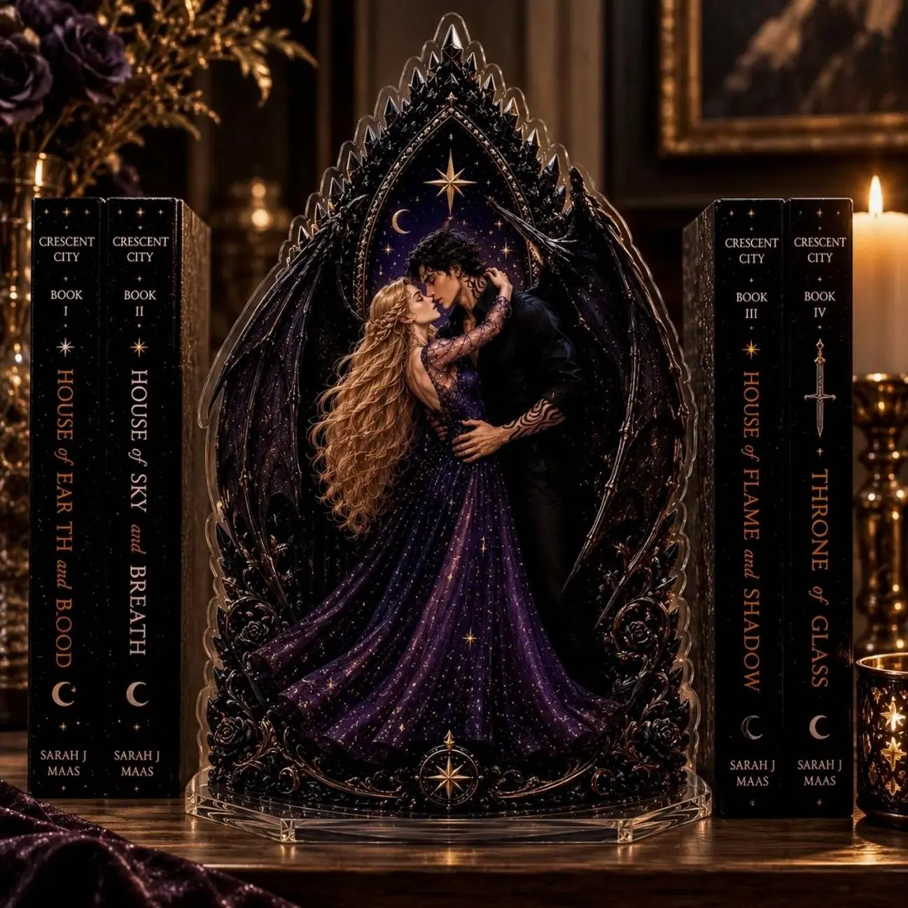 Feyre and Rhysand Bookend Standee, ACOTAR Inspired Acrylic Bookend, Night Court Bookshelf Decor, Velaris Book Lover Gift, Fantasy Gift