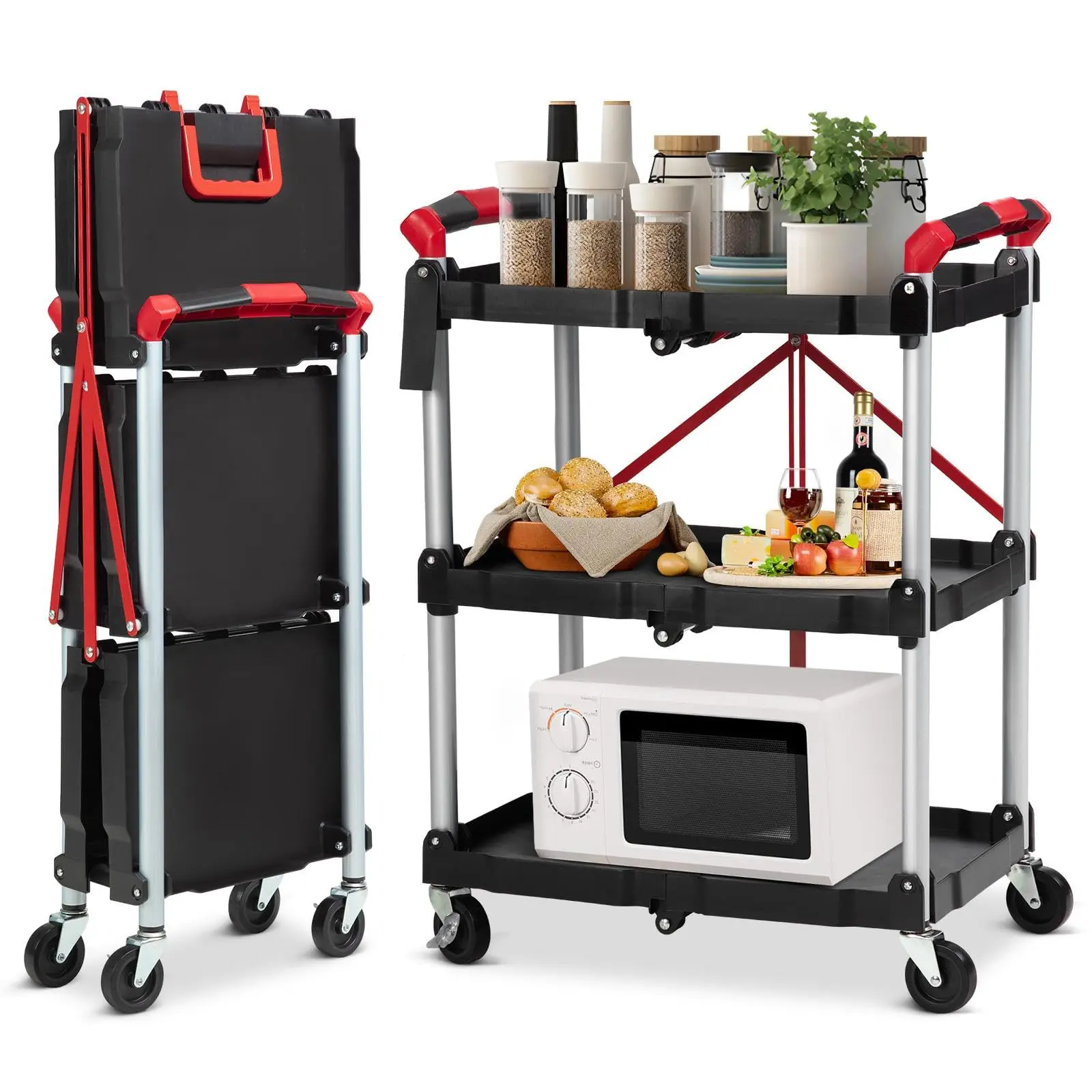 GARVEE Versatile GARVEE Folding Utility Service Cart: Collapsible 3-Tier Rolling Cart with Wheels for Tools, Groceries, Kitchen, and Office Use - Perfect for Any Task and Easy to Store!