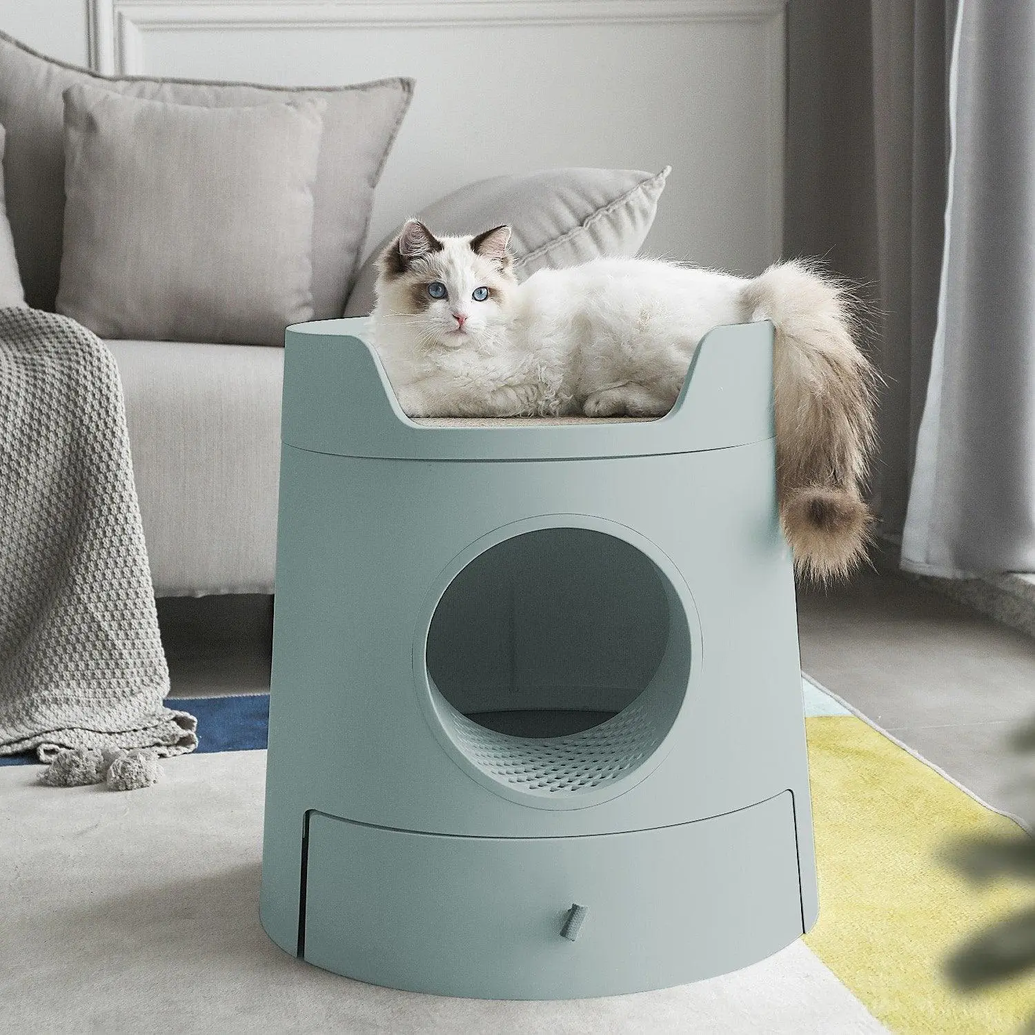 Michu XL Castle 2-in-1 Semi- Closed Cat Litter Box with Scratch Basin & Scoop Included Morandi Green