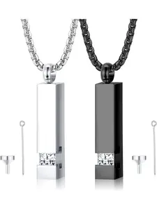 2 Pcs Cremation Urn Pendant Necklace for Memorial Stainless Steel Black Silver Ashes Necklace Jewelry Keepsakes with Cubic Zirconia Inlaid Zircon Minimalist Chain
