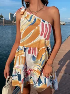 VCAY Graphic Print One Shoulder Knot Side Ruffle Hem Dress fall dresses maya  jama