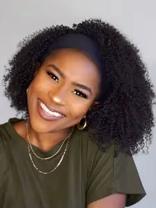 Afro Kinky Curly Human Hair Headband Wig for Women, 180% Density Glueless Full Machine Made, Casual Style Short Wigs