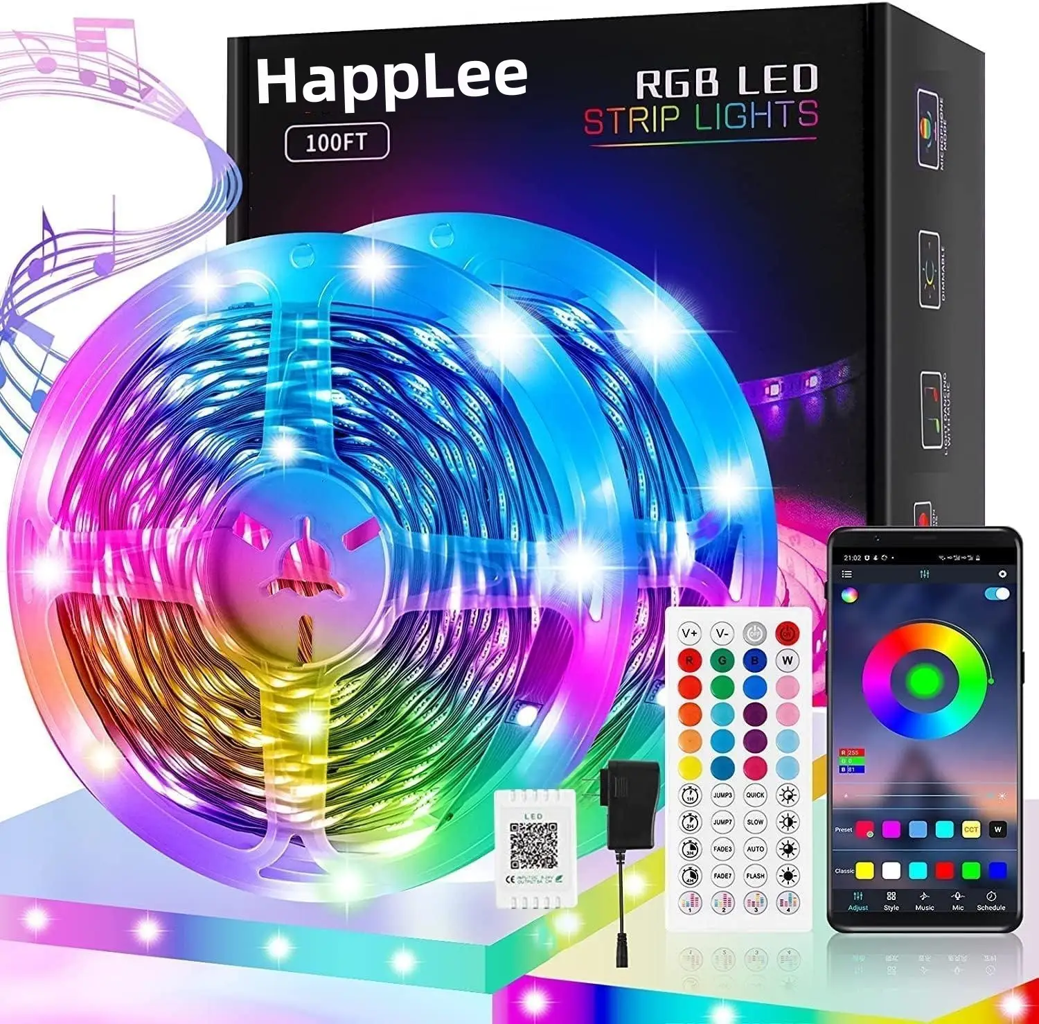 HappLee 100FT LED Strip Lights, Bluetooth Music Sync LED Lights Strip, RGB Color Changing LED Lights with Remote, Smart Phone APP Control, LED Lights