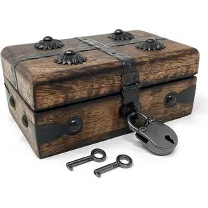 Treasure Chest Wooden Box with Antique Iron Lock and Skeleton Key (X-Small 5 x 3 x 2) - Storage and Decor - Pirate Wooden Treasure Chest, Decorative Box with Hinged Lid,