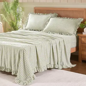 Gingham Queen Sheet Set Lightweight Super Soft Brushed Microfiber Plaid Bed Sheets with 16" Deep Pocket 4 Piece Ruffle Farmhouse Bedroom Decor Sage Green