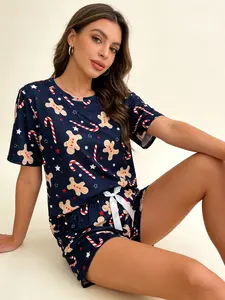 Soft Healing Style Women's Short Sleeve Shorts Pajama Set, Spring & Summer Wearable, Navy Blue Gingerbread Man Print, Bow Detail, Breathable Cozy Homewear