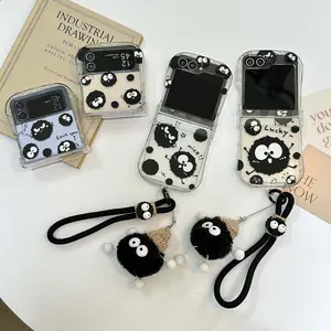 Cute Coal Ball Plush Lanyard Phone Case For Samsung Galaxy Z Flip6 Z Flip 7 6 5 4 3 Flip5 Z Flip 6 Airbag Frame Hinge 3in1 Cover