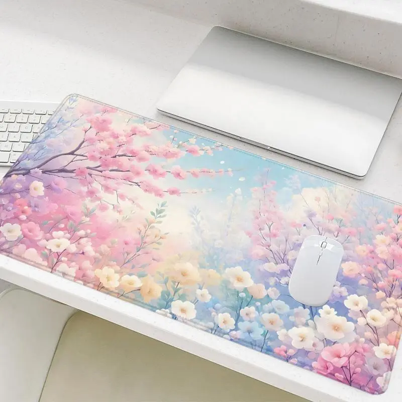 Cherry Blossom Pattern Mouse Pad, Rectangle Gaming Mouse Pad, Non-slip Rubber Base Stitched Edge Desk Keyboard Pad for Home Office Game, Pastel Color, Gaming Desk Accessory, Aesthetic Desk Accessories