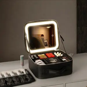 Portable Makeup Bag with Full Screen Mirror & Light, Large Capacity Cosmetic Bag, Travel Multi-grid Organizer Pouch with Handle, Summer Gift