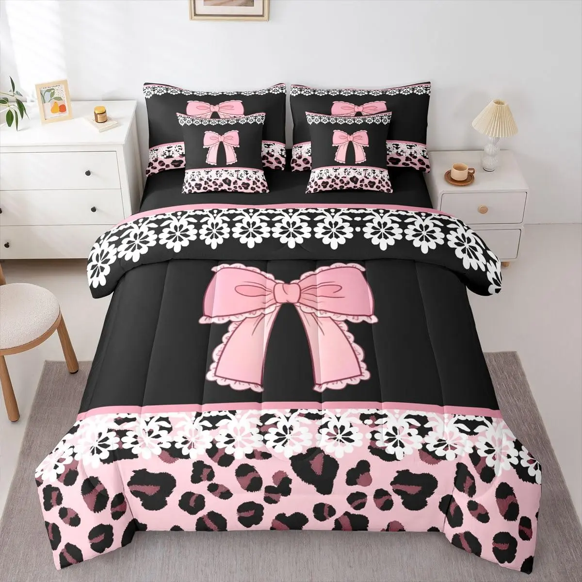 Cartoon Bowknot Comforter with Sheet Set 7 Pieces Cute Cheetah Bow Tie Bedding Set White Lace Bed in a Bag Damask Pink Leopard Print Bedroom Decor