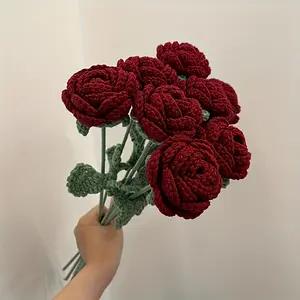 Crochet Roses for Flower Arrangement, 5pcs Creative DIY Faux Roses Bouquet for Room Decor, Wedding, Party & Home Decor, Gifts, Perfect Gifts for Boyfriend & Girlfriend, Crochet Artificial Flowers