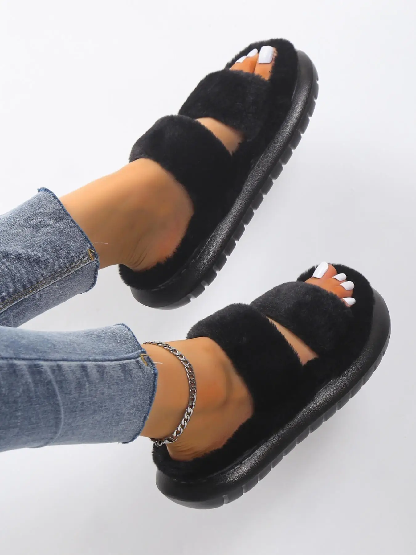 Women's Summer Comfort Solid Color Fluffy Slide Slippers, 2025 Summer Double Strap Bedroom Slippers, Girl Casual Soft Plush Home Slippers, Footwear &