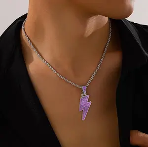 Iced Purple Lightning Bolt Pendant Rope Chain Necklace