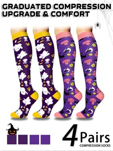 Unisex Compression Socks 4 Pairs, Halloween Design, Promotes Circulation, Comfortable Fit, Ideal for Nurses & Travelers
