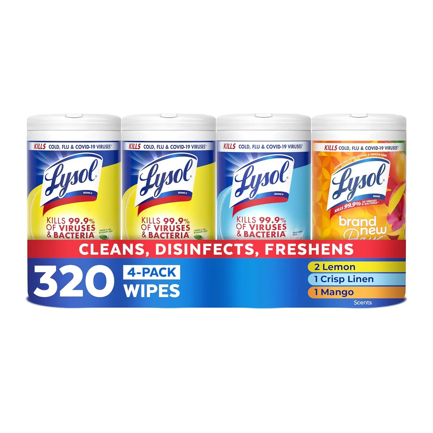 LYSOL Disinfecting Wipes, All Purpose Cleaner, Multi-Surface Antibacterial Cleaning Wipes, Household Cleaning Supplies, Dorm Essentials, Lemon + Mango & Hibiscus + Crisp Linen Scent, 80 ct. (4 Pack)