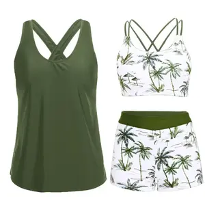3-Piece Tankini Swimwear Set, Cross-Back Bra with Printed Shorts, Modest Sporty Swimsuits for Women, 20+ Styles for Beach