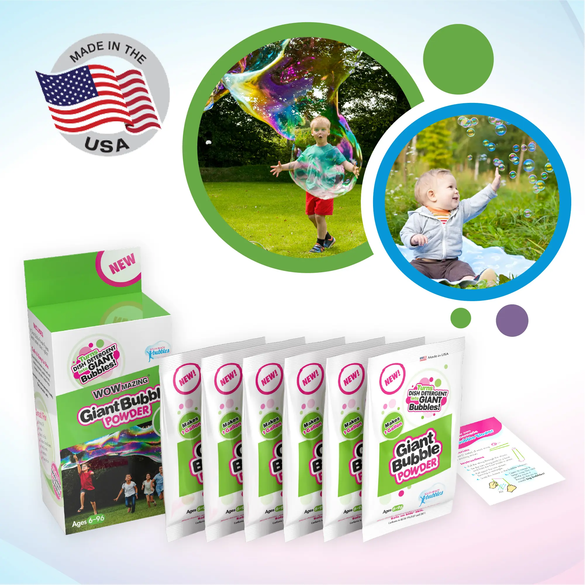 WOWMAZING Big Bubble Refill Powder Mix (6 Packets) - Turns Dish Detergent into Giant Bubbles. Makes 6 GALLONS! - Made in USA