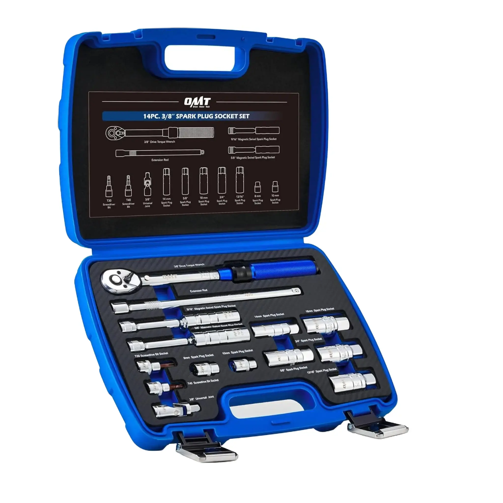 【SpotlightDay】Orion Motor Tech 14pc Spark Plug Socket Set, 3/8 Inch Drive Magnetic Swivel Spark Plug Socket Set with Torque Wrench, Torque Bits, Universal Joint and Extension Bar, 5-45 ft.lb Spark Plug Removal Tool