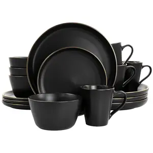 Elama 16-Piece Stoneware Dinnerware Set in Blac k with Gold Ri Elama 16-Piece Stoneware Dinnerware Set in Blac k with Gold Ri