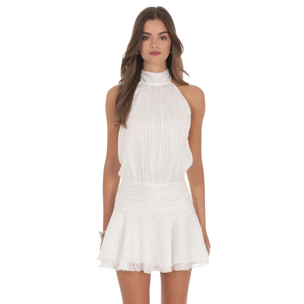 Shimmer Mock Neck Halter Dress in White