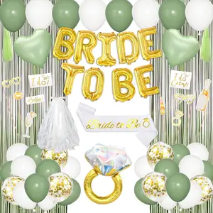 Bachelorette Party Decorations Supplies, Sage Green Bridal Shower Decorations Foil Ring Bride To Be Sash Veil, White Gold Confetti Heart Balloons Photo Booth Props Fringe Curtains Paper Tassel