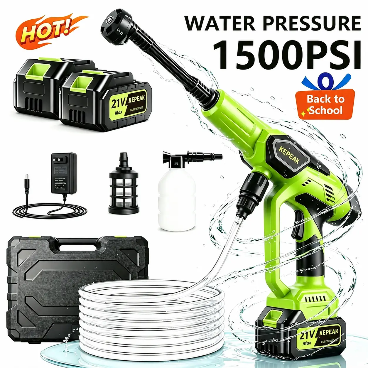 【BackToSchool】KEPEAK 1500PSI Cordless Pressure Washer 21V, Portable Battery Powered Washer with 13000mAh Dual Batteries, 6-in-1 Adjustable Spray Nozzle, Foam Cannon & Water Filter for Car Wash, Car Detailing, Home Garden and Outdoor Cleaning