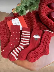 4 Pairs Christmas Knitted Socks Set, Polka Dot Stripe Tree Pattern, Comfortable Warm Boat Socks, Perfect Holiday Gift