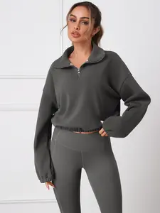 Women's Balck Fall Winter Half-Zip Fleece Pullover Jacket, Drawstring Hem, High Neck, Casual Streetwear, Running, Outdoor Sports
