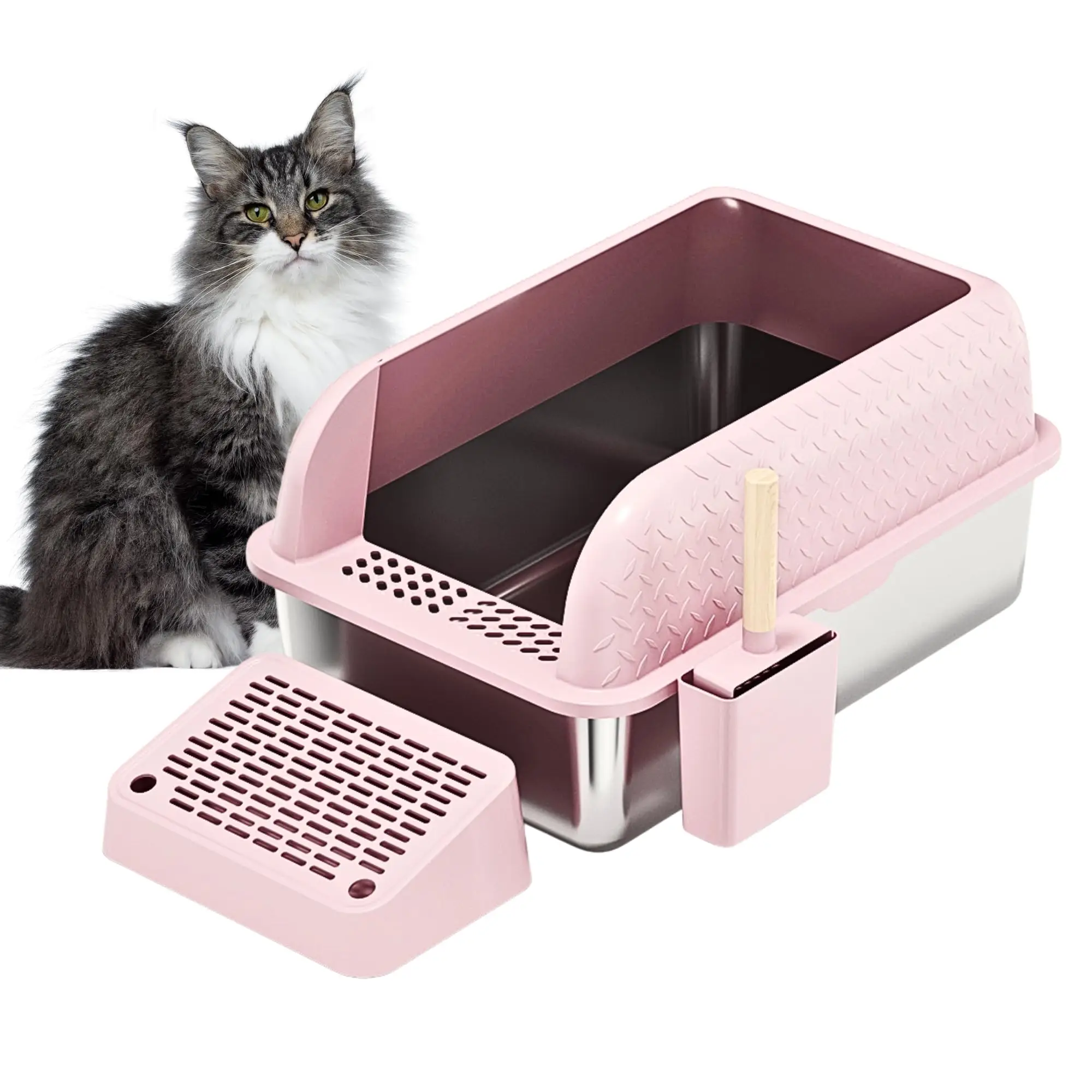 Pink Litter Box Extra Large XL Stainless Steel. Cat Litter Box High Sided Covered Lid Enclosure Includes Litter Scoop with Holder Trapping Mat Essenti