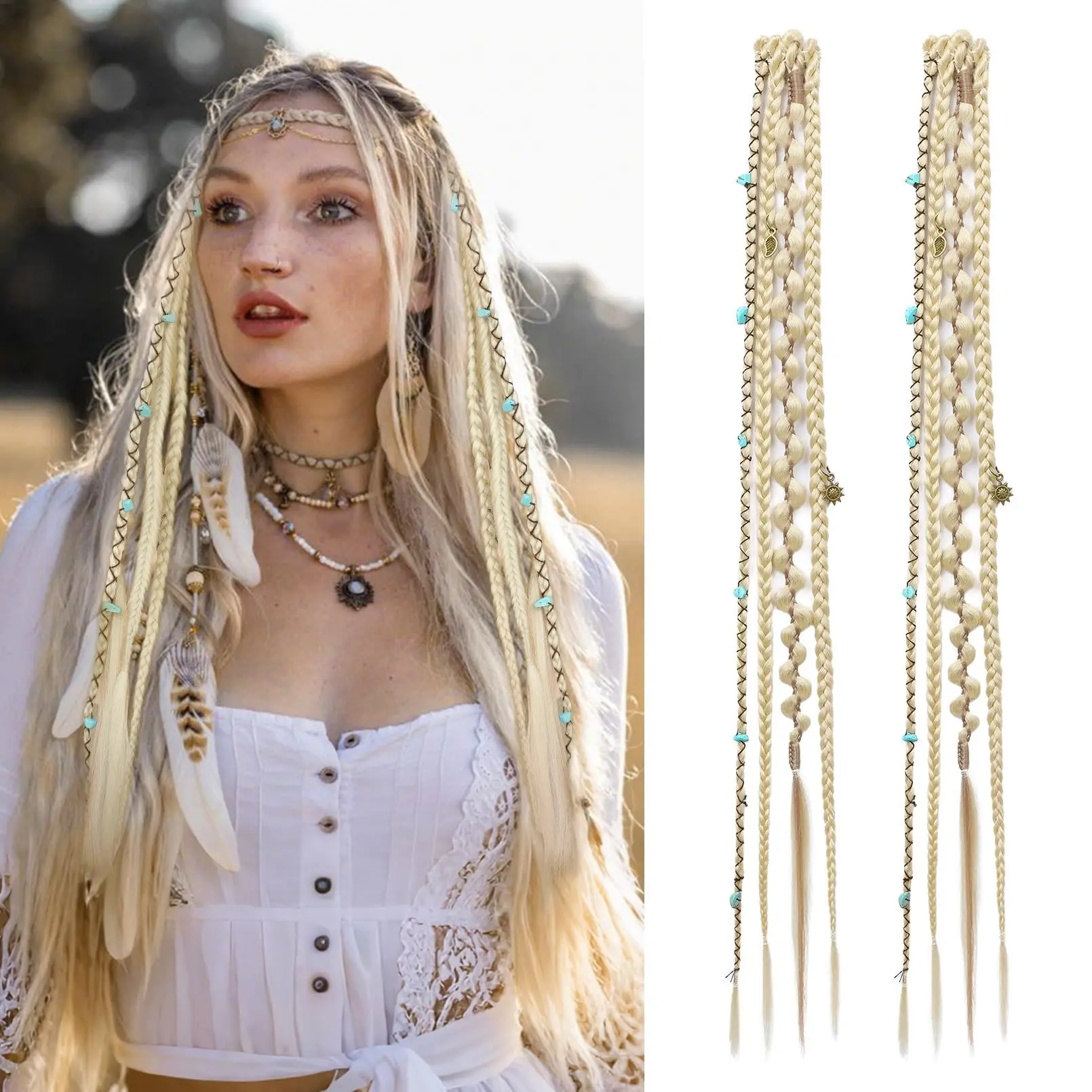 H M D Viking Dreadlock Clip-in Hair Extensions for Women, 2 Sets 16/20 Inch Synthetic Hair Braids with Beads & Charms for Festivals, Cosplay, Clip Hair Extensions