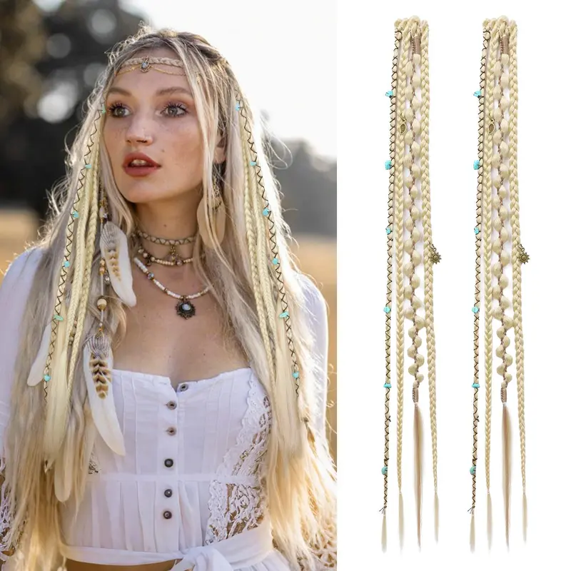 H M D Women's Viking Clip Hair Extensions - 2 Sets 16/20 Inch Synthetic Fiber Braids with Beads, Tangle-Resistant, Secure All-Day Hold for Festivals, Cosplay