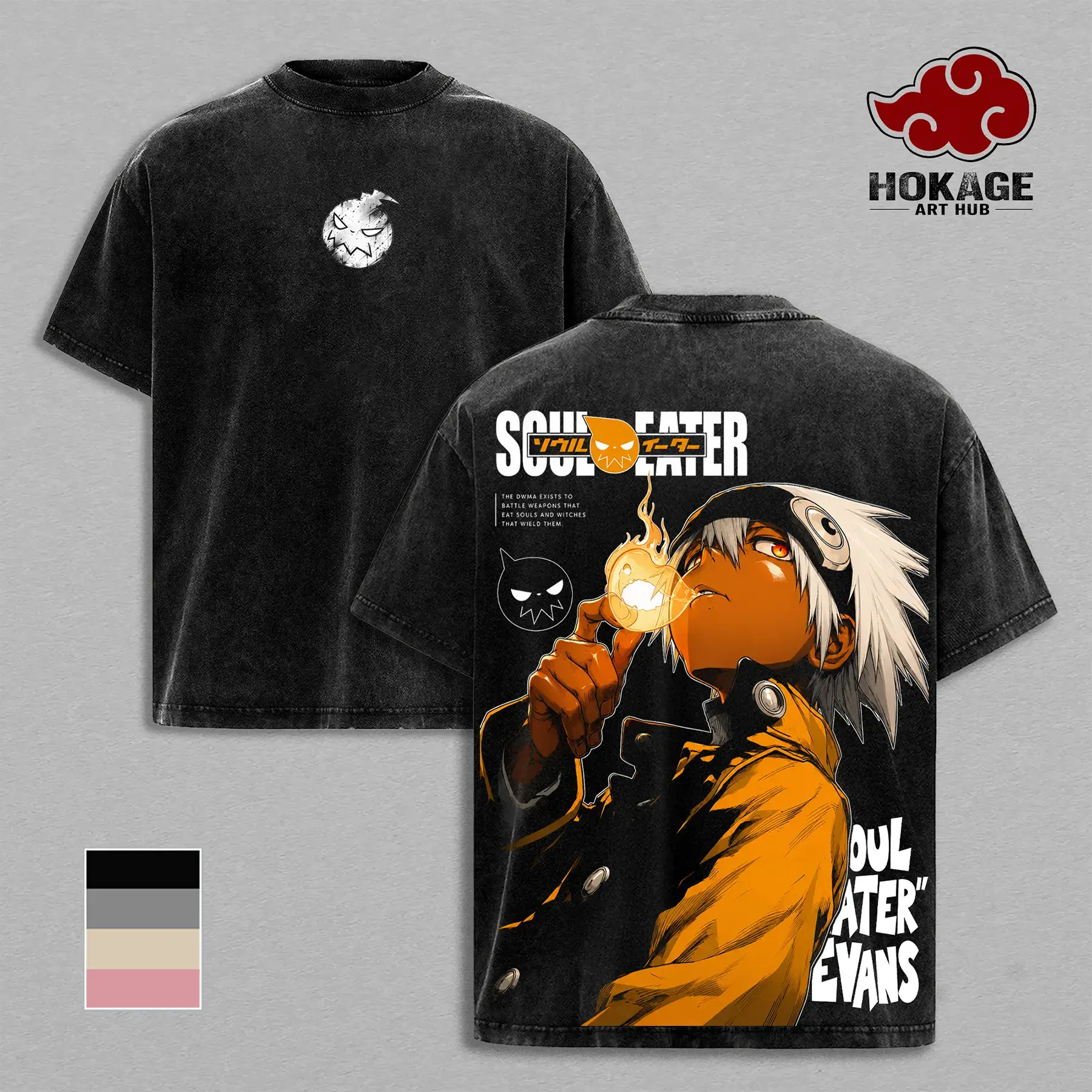 Soul Eater Soul Evans Demon Weapon Scythe Double Printed Graphic Tee For Men, Heavy Cotton Stone Wash Oversized Vintage Streetwear Shirt, Machine Washable Round Neck Everyday Casual Top Anime Lover Gift, Y2K Japanese Manga Grunge Aesthetic Apparel Tops