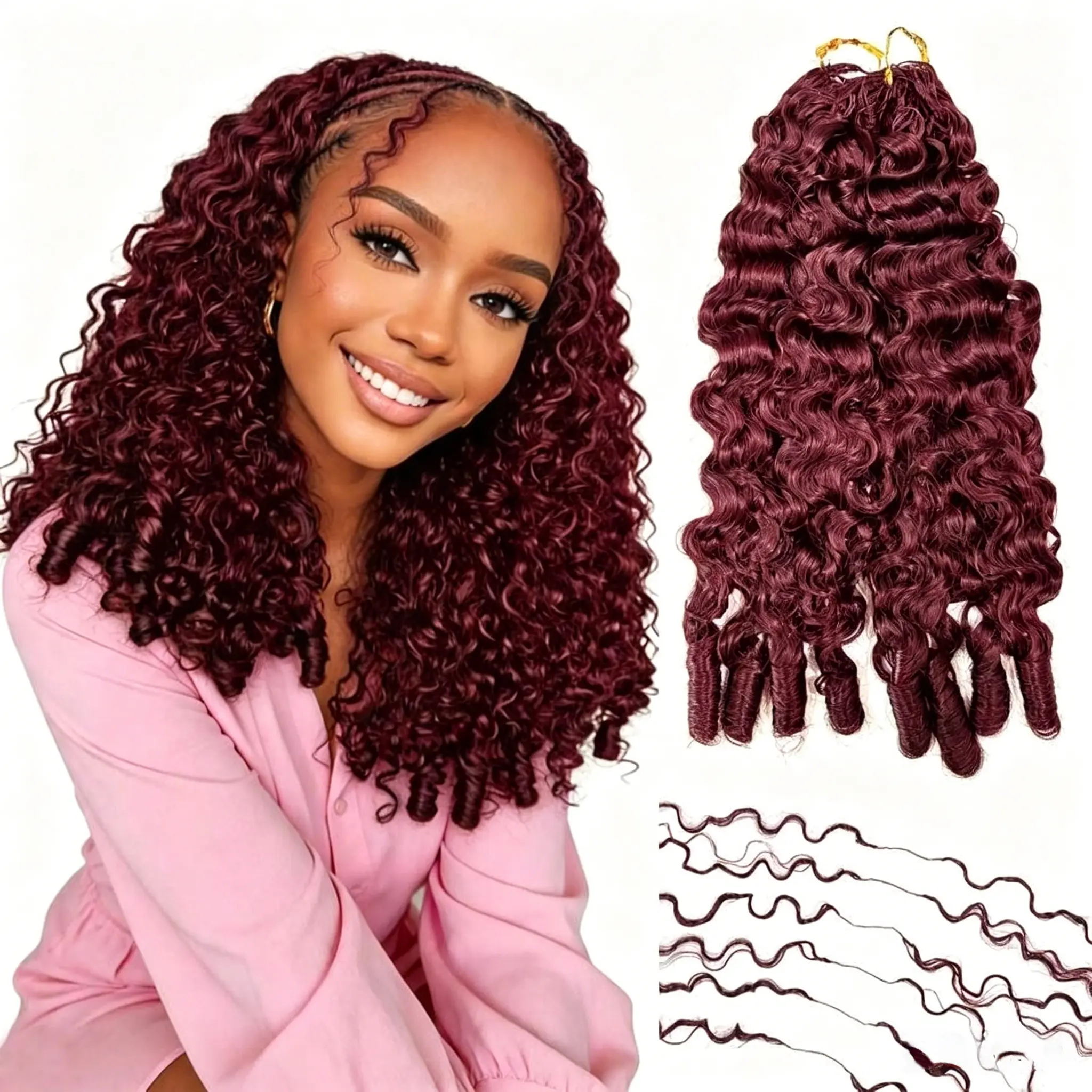 Bling Hair 99J Burbundy Color Burmese Curly Miracle Knots Crochet Human Hair Extension 1/2/3/4 PCS For Black Women Feathered Human Crochet Hair Bundles