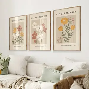 3-Piece Optional Wooden Frame Bohemian Abstract Flower Market Plant Poster Moisture-proof Canvas High Saturation No Color Difference Nordic Living Room Mural