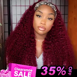 Clearance Sale Vshow 99j Wine Red Color Kinky Curly Headband Wear Go Wigs Easy Install Glueless Human Hair Wigs For Beginners
