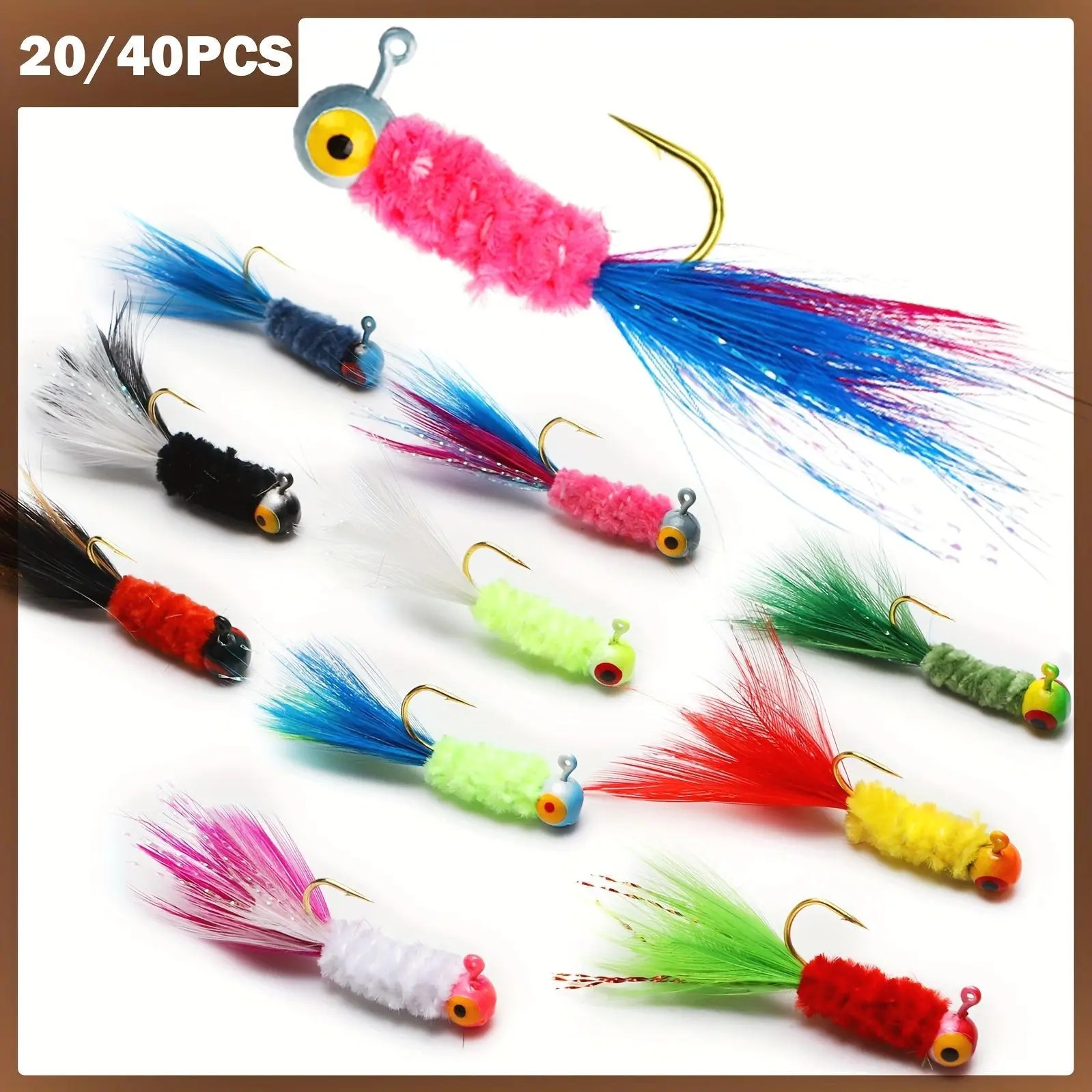 20-40pcs Crappie Jigs, Hand-Tied Marabou Hair Jigs Heads with Feather 10 Colors 1/32oz 1/16oz 1/8oz Ice | Fly Fishing Lures for Panfish Sunfish Walleye