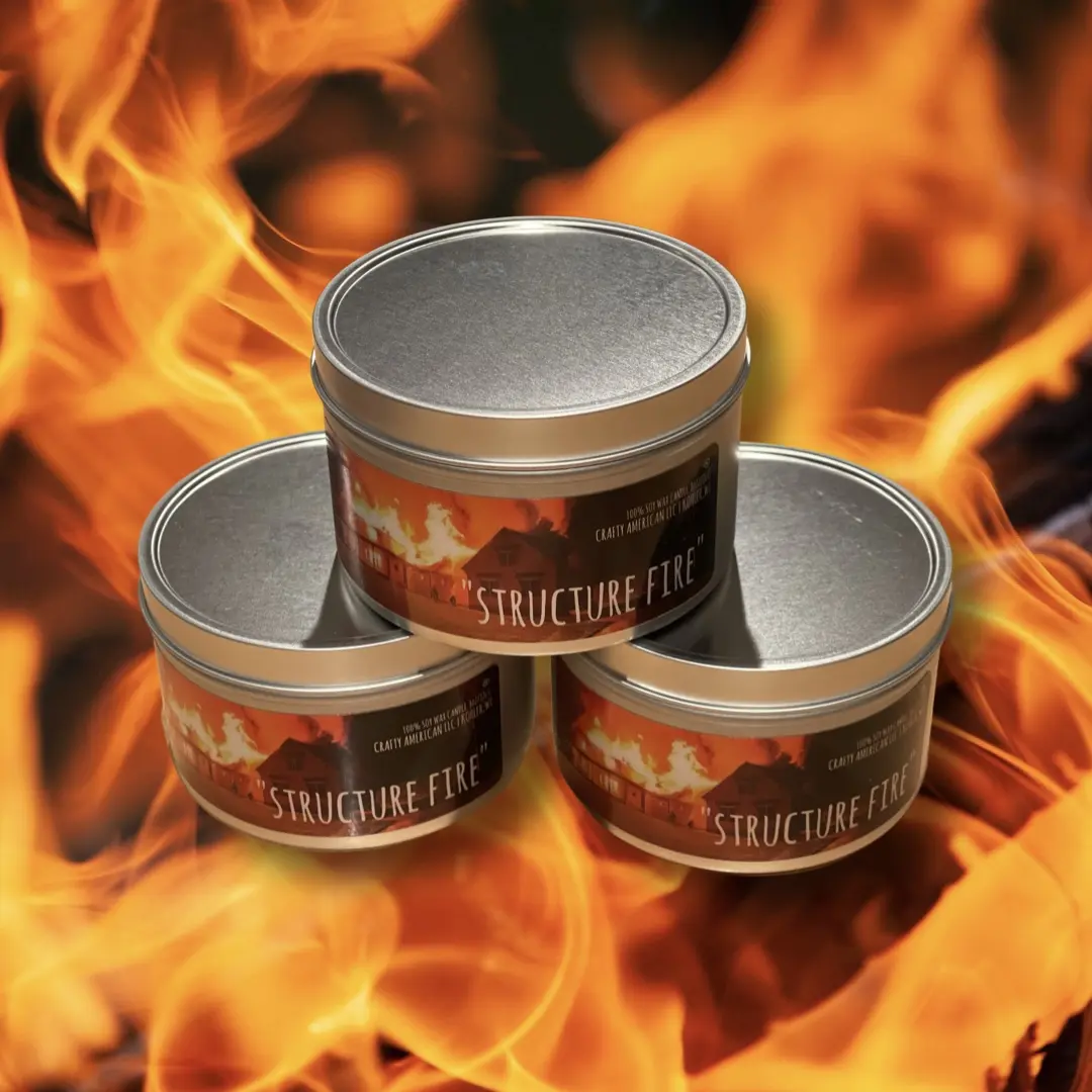 Structure Fire Scented Candle made from Soy Wax and our own custom scent that smells like a structure fire. The candle comes in a 8oz tin and labeled with a metallic label